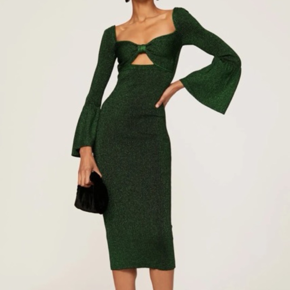 Self-Portrait Metallic Knit Bow-Detail Cut-Out Midi Dress –Emerald Green -Size L